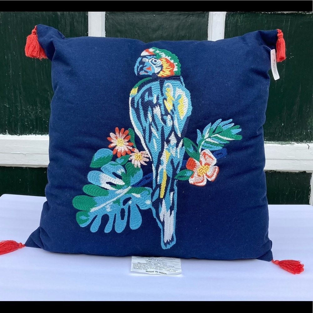 Opalhouse Throw Pillow Macaw Embroidered 18” x 18” Navy Tropical NWOT